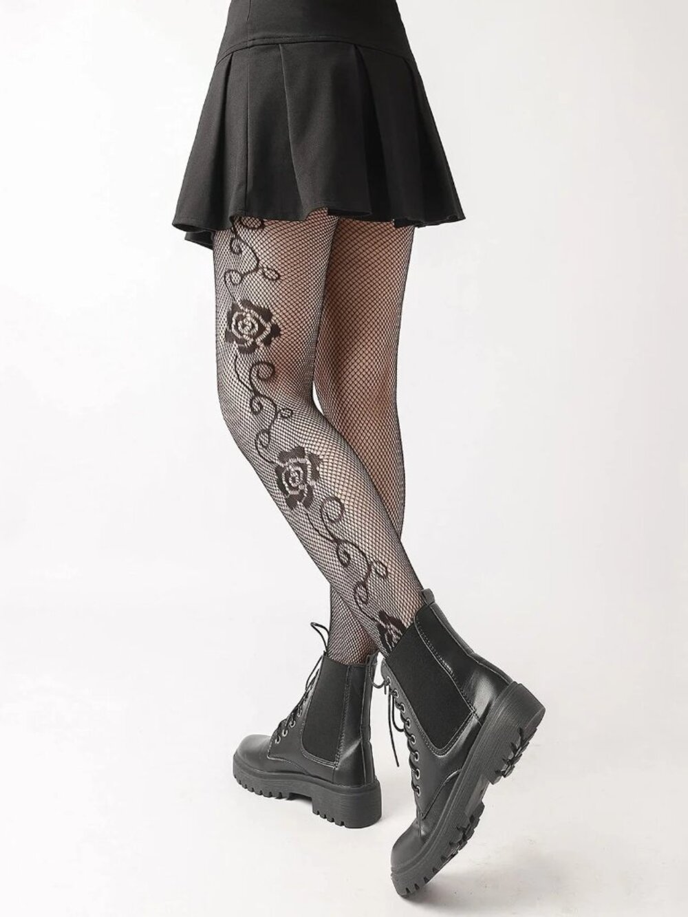 Women's Side Rose Floral Vine Pattern Flower Mesh Gothic Black Fishnet Tights